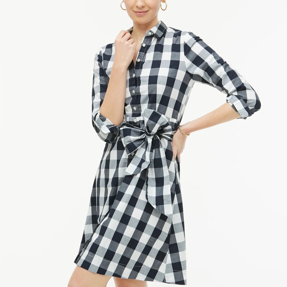 J. Crew Factory Tie-Waist Poplin Shirtdress in Gingham